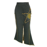 Contrast slit raw hem pentagram pattern irregular zip-up midi skirt